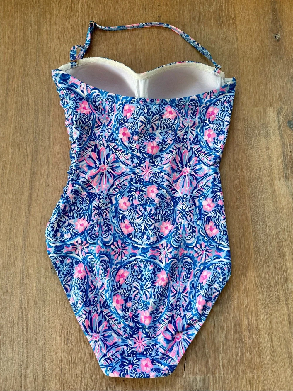 LILLY PULITZER Falmenco Bandeau Ruched One-Piece Swimsuit - Blue & Pink - Picture 2 of 10